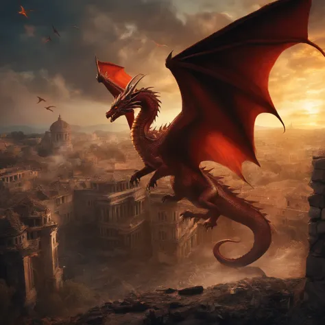 Dragon crashes into a city destroyed by war