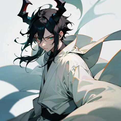 (highres, demon horns, white clothing, ninja clothing, 1 male, pale skin, intense green eyes, detailed facial features, youthful appearance, white temple background, detailed messy spiky black hair, young male)

This prompt is used to describe a high-quali...