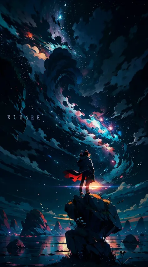 Anime girl standing on a rock looking at a sky full of stars, Makoto Shinkai Cirilo Rolando, Anime Art Wallpaper 4K, Anime Art Wallpaper 4K, Anime Art Wallpaper 8K, cosmic skies. por makoto shinkai, inspirado em Cyril Rolando, No estilo Dan Mumford obra de...