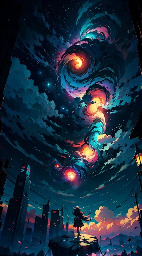 Anime girl standing on a rock looking at a sky full of stars, Makoto Shinkai Cirilo Rolando, Anime Art Wallpaper 4K, Anime Art Wallpaper 4K, Anime Art Wallpaper 8K, cosmic skies. por makoto shinkai, inspirado em Cyril Rolando, No estilo Dan Mumford obra de...