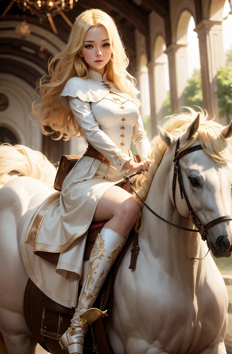 blonde woman riding a white horse。Costumes of medieval Europe。