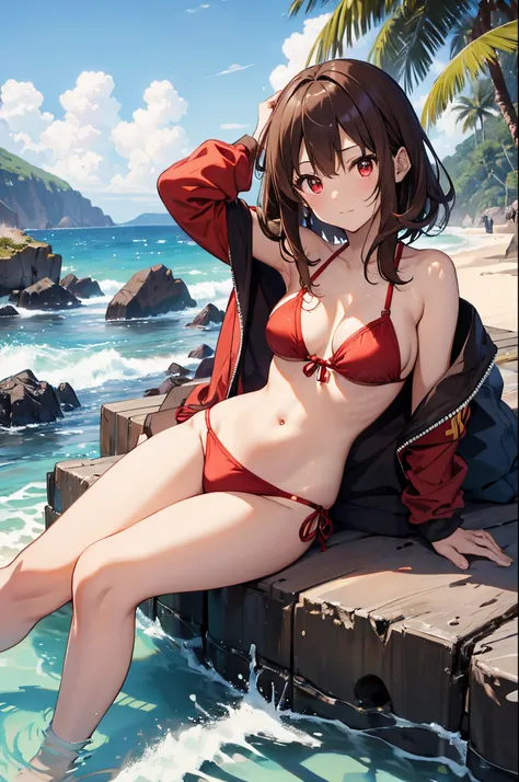 Megumin、SHOULDER-LENGTH BROWN HAIR、24 anos、Medium Bob、a praia、qualidade superior、red bikini、hidden hand、Navel Ejection、Teats、