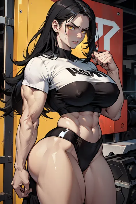 pale skin very long hair 1 girl black hair yellow eyes angry ((1 girl muscular toned body)) bodybuilder curvy wide hips thick thighs tight shirt huge tits