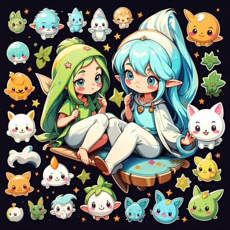 Stickers, cute all kinds of elves, simple background, overlook, overlook