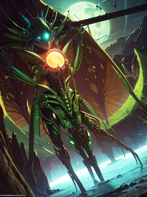 masterpiece, mantis girl, glowing eyes, mantis deity, detailed anatomy, alien spaceship cabin, alien landscape