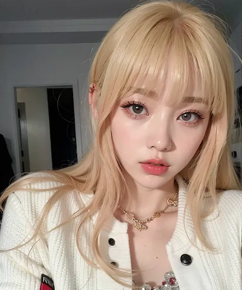 Chica rubia con labios rojos y una chaqueta blanca posando para una foto., Lalisa Manobal, Lalisa Manoban de Blackpink, ulzzang, con flequillo completo, pale round face, con flequillo, Peinado blanco de corte hime, pale fair skin!!, maquillaje popular de C...