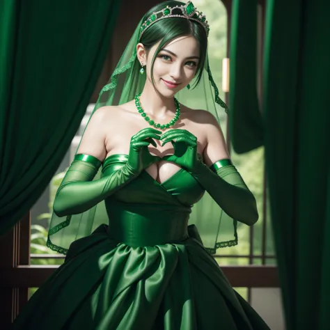 emerald tiara, Green Pearl Necklace, Boyish very short green hair, lipsticks, Japan woman smiling, very short short hair,  big breasts beautiful, Green eyes, Long green gloves made of satin material, Green eyes, Emerald Earrings, green vale, Heart with bot...