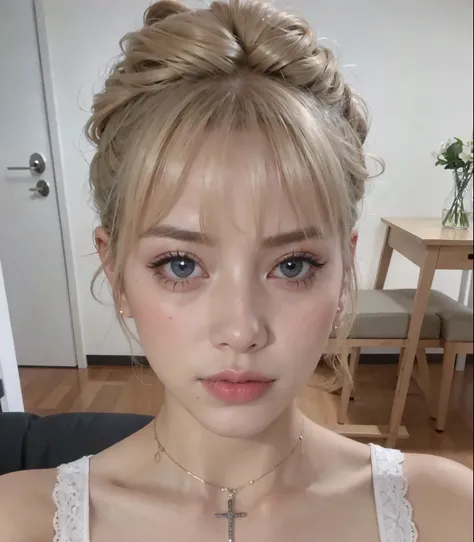 Blonde woman with a messy bun wearing a white top and a cross necklace., cabello rubio y ojos grandes, 19 year old girl, Lalisa Manobal, Cara perfecta ), her face looks like an orchid, joven hermosa amouranth, Cabello largo y rubio y ojos grandes, 🤤 girl p...