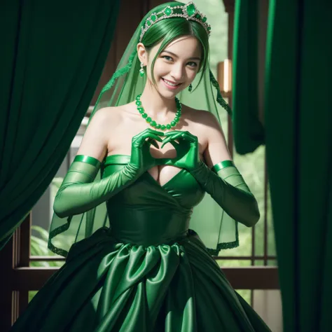 emerald tiara, Green Pearl Necklace, Boyish very short green hair, lipsticks, Japan woman smiling, very short short hair,  big breasts beautiful, Green eyes, Long green gloves made of satin material, Green eyes, Emerald Earrings, green vale, Heart with bot...