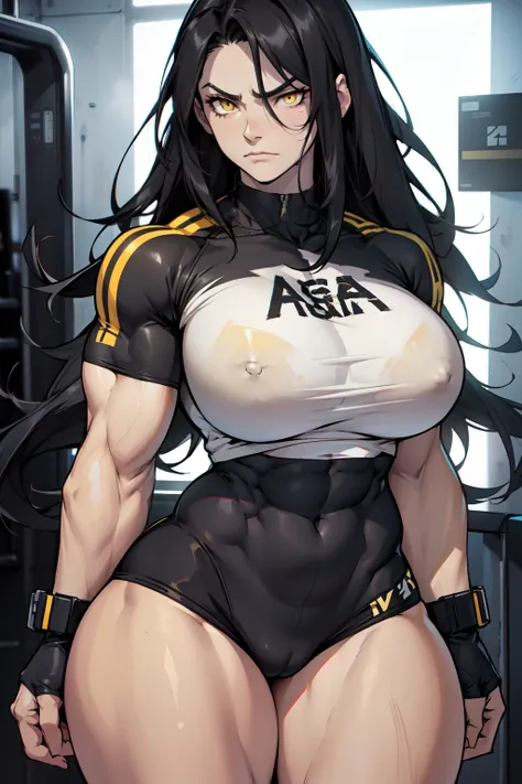 pale skin very long hair 1 girl black hair yellow eyes angry ((1 girl muscular toned body)) bodybuilder curvy wide hips thick thighs tight shirt huge tits