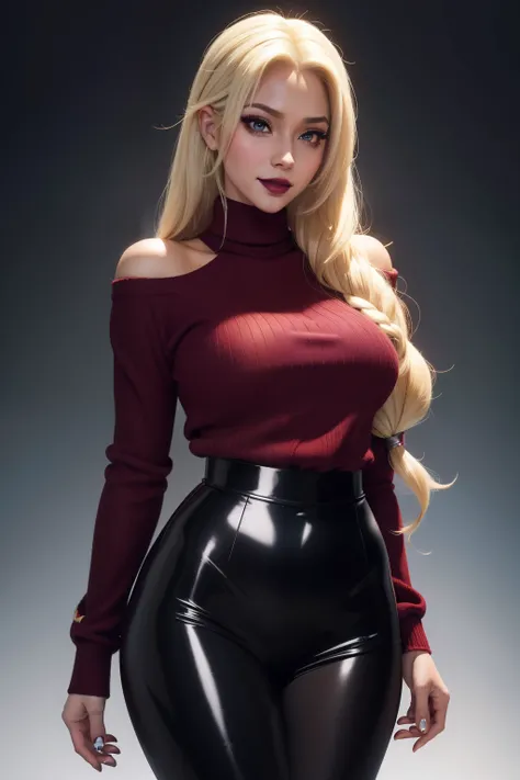 tsunade is elsa of frozen IN BLACK PANTYHOSE, sonriente, ((Maquillaje muy intenso)), ((Glossy lipstick)), voluptuoso, Cabello largo, blonde hair, cabello lacio, red sweater, escote, Vaqueros cortos, derriere, beautiful buttocks