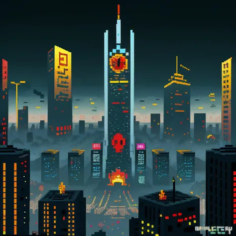 Pixel art style cyberpunk city