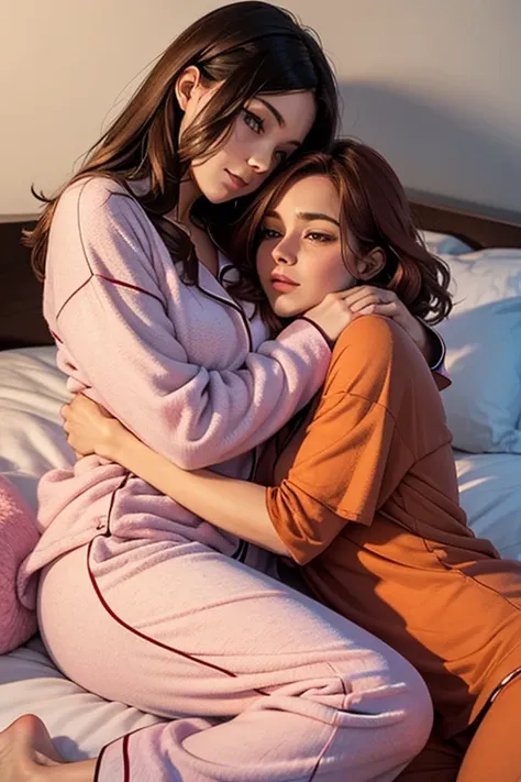 2 adult women, in their bed, covered by a blanket , under the blanket, brunette and redhead, cuddle, in pajamas, cute scene, snuggled up against each other