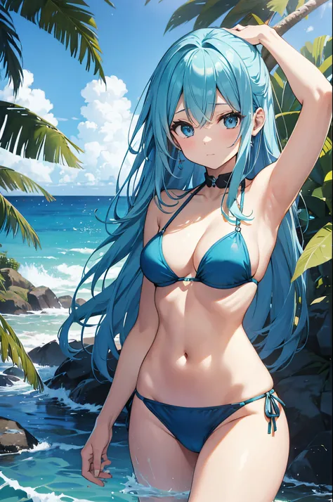 Aqua Konosuba、cabelos azuis 、24 anos、Cabelo longo、a praia、qualidade superior, bikini azul、hidden hand、Navel Ejection、Teats、