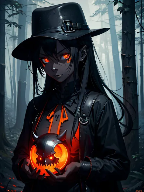 hopeless art, demon girl, ((black ash skin)), closed gothic helmet, hands together, orange glowing eyes, bowler hat, iron forest