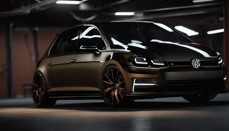 Visualize an extraordinary scene featuring a highly modified Mk7 Volkswagen Golf parked in a low-light garage, with the perfect amount of light illuminating the car. Dive into extreme micro-details to showcase the intricacies of the modifications, the slee...