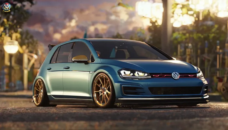 Visualize an extraordinary scene featuring a highly modified Mk7 Volkswagen Golf parked in a low-light garage, with the perfect amount of light illuminating the car. Dive into extreme micro-details to showcase the intricacies of the modifications, the slee...