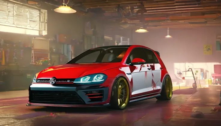 Visualize an extraordinary scene featuring a highly modified Mk7 Volkswagen Golf parked in a low-light garage, with the perfect amount of light illuminating the car. Dive into extreme micro-details to showcase the intricacies of the modifications, the slee...