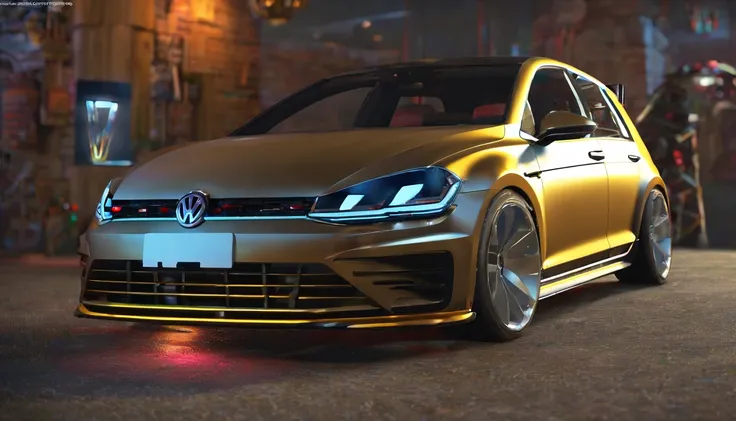 Visualize an extraordinary scene featuring a highly modified Mk7 Volkswagen Golf parked in a low-light garage, with the perfect amount of light illuminating the car. Dive into extreme micro-details to showcase the intricacies of the modifications, the slee...