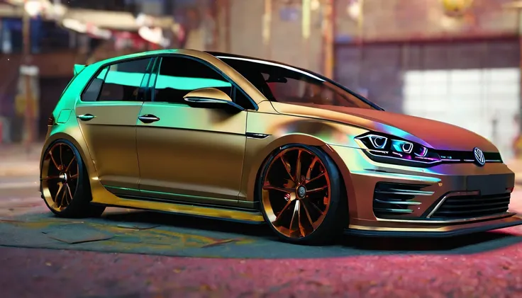 Visualize an extraordinary scene featuring a highly modified Mk7 Volkswagen Golf parked in a low-light garage, with the perfect amount of light illuminating the car. Dive into extreme micro-details to showcase the intricacies of the modifications, the slee...