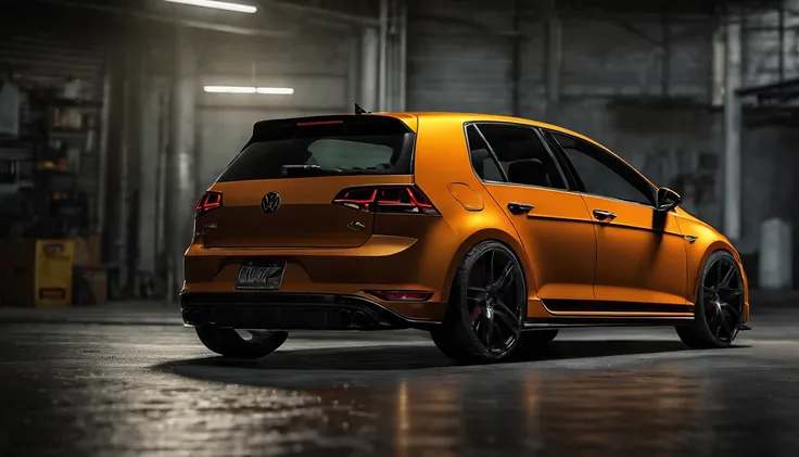 Visualize an extraordinary scene featuring a highly modified Mk7 Volkswagen Golf parked in a low-light garage, with the perfect amount of light illuminating the car. Dive into extreme micro-details to showcase the intricacies of the modifications, the slee...