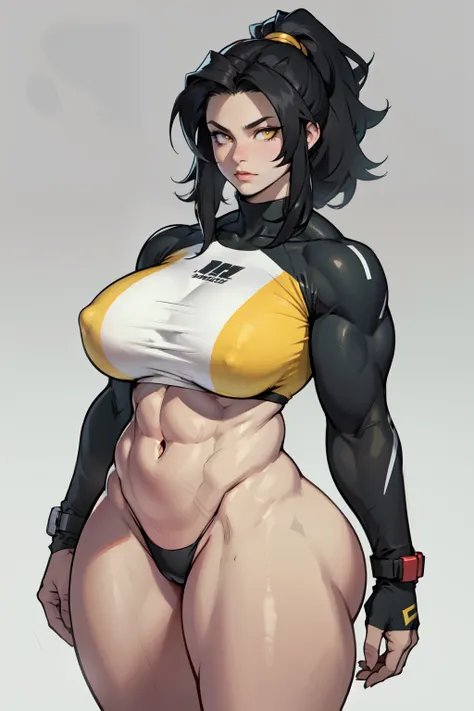 girl (1girl muscular pale skin grey background) toned body bodybuilder huge breasts thick thighs wide hips curvy thin waist black hair yellow eyes