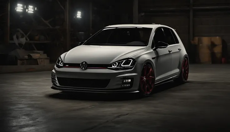 Visualize an extraordinary scene featuring a highly modified Mk7 Volkswagen Golf parked in a low-light garage, with the perfect amount of light illuminating the car. Dive into extreme micro-details to showcase the intricacies of the modifications, the slee...