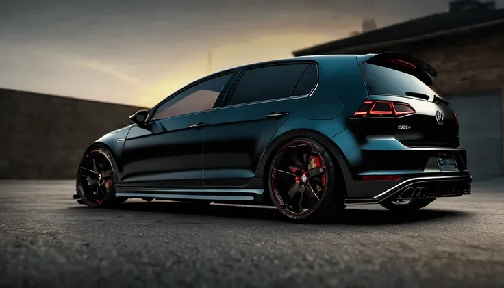 Visualize an extraordinary scene featuring a highly modified Mk7 Volkswagen Golf parked in a low-light garage, with the perfect amount of light illuminating the car. Dive into extreme micro-details to showcase the intricacies of the modifications, the slee...