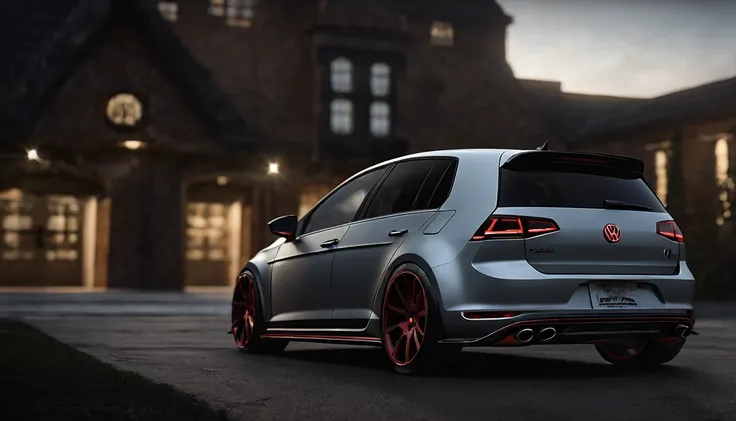 Visualize an extraordinary scene featuring a highly modified Mk7 Volkswagen Golf parked in a low-light garage, with the perfect amount of light illuminating the car. Dive into extreme micro-details to showcase the intricacies of the modifications, the slee...