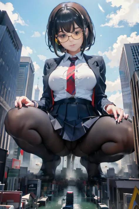 giantess art, a hyperrealistic schoolgirl, , highly detailed giantess shot, der riese, Shorthair, Black pantyhose, Giant high school girl much bigger than a skyscraper。Wearing rimless glasses。Colossal tits。Navy blue blazer、Red tie、Mini Length Skirt、Black p...