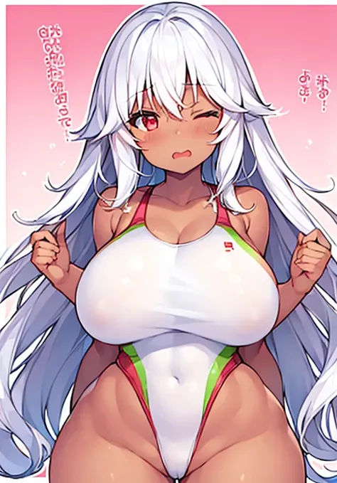 1girl, large breasts, wavy mouth, one-piece swimsuit, competition swimsuit, white swimsuit, shy, dark skin, dark body, white hair, long hair, thick thighs, wide hips, pink background, text, japanese text, red eyes, one-eye closed