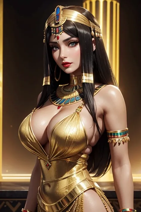 There is an adult European woman in desert oasis, Egyptian princess, Cleopatra, Pharao dress, golden Jewellery, Dark hair, red lips, Eye shadow, natural makeup, long curved hait, beautiful chest, Second Life Avatar, Beautiful screenshot, Second Life, attra...