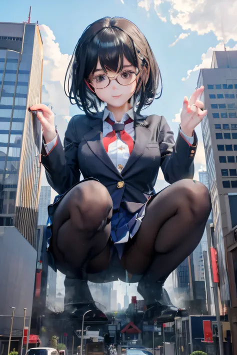 giantess art, a hyperrealistic schoolgirl, , highly detailed giantess shot, der riese, Shorthair, Black pantyhose, Giant high school girl much bigger than a skyscraper。Wearing rimless glasses。Colossal tits。Navy blue blazer、Red tie、Mini Length Skirt、Black p...