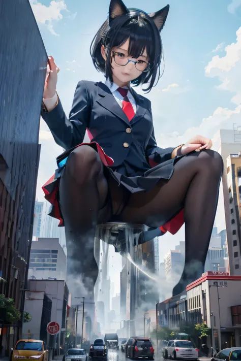 giantess art, a hyperrealistic schoolgirl, , highly detailed giantess shot, der riese, Shorthair, Black pantyhose, Giant high school girl much bigger than a skyscraper。Wearing rimless glasses。Colossal tits。Navy blue blazer、Red tie、Mini Length Skirt、Black p...