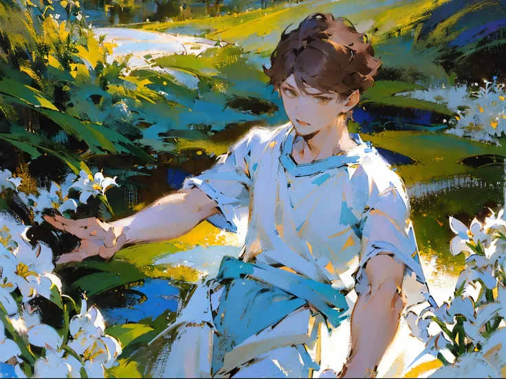 (((solo focus))),(((1 boy))),male focus,(((oikawa tooru))),Fechin, oil painting, IMPRESSIONISM,(((sunlight))),brown hair,((brown eyes)),((short hair))plants,(((white flowers))),rustic scenery,cottages,lily of the valley,(blue sky),(((white tshirt))),khaki ...