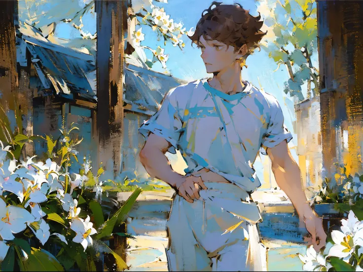 (((solo focus))),(((1 boy))),male focus,(((oikawa tooru))),Fechin, oil painting, IMPRESSIONISM,(((sunlight))),brown hair,((brown eyes)),((short hair))plants,(((white flowers))),rustic scenery,cottages,lily of the valley,(blue sky),(((white tshirt))),khaki ...