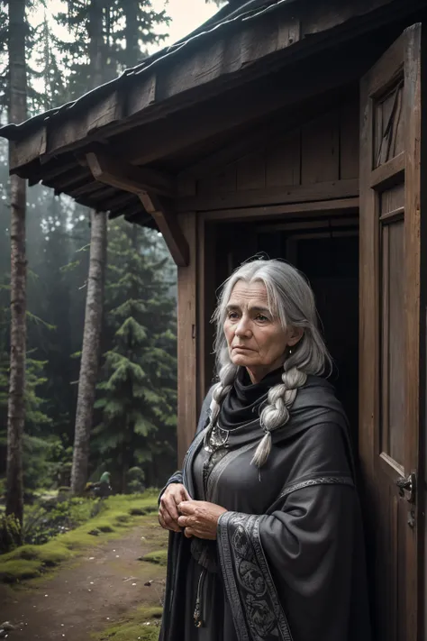 (Best Quality),Portrait, An old woman, Slavic, (witch with gray hair), shawl on shoulders, I&#39;I&#39;I&#39;m standing at the open door of the house, black crows sit on the roof and around the hut, compact, creepy ambiance, soft-lighting, spruce forest ar...