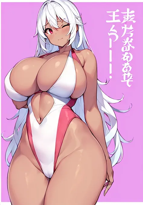 1girl, large breasts, wavy mouth, one-piece swimsuit, competition swimsuit, white swimsuit, shy, dark skin, dark body, white hair, long hair, thick thighs, wide hips, pink background, text, japanese text, red eyes, one-eye closed