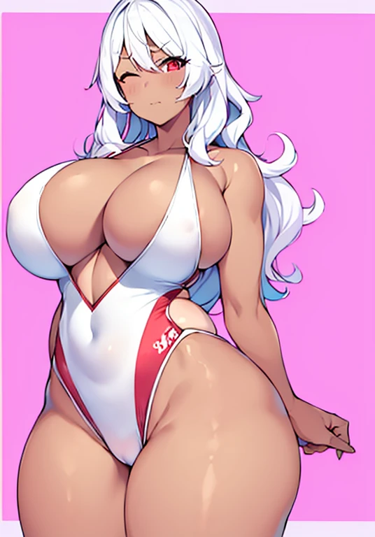 1girl, large breasts, wavy mouth, one-piece swimsuit, competition swimsuit, white swimsuit, shy, dark skin, dark body, white hair, long hair, thick thighs, wide hips, pink background, text, japanese text, red eyes, one-eye closed