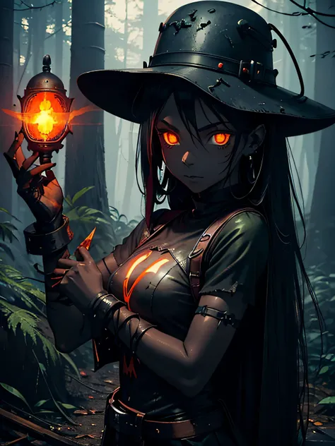 hopeless art, demon girl, ((black ash skin)), closed gothic helmet, hands together, orange glowing eyes, bowler hat, dark green blue glowing earrings, iron post apocalyptic mechanized forest, (S.T.A.L.K.E.R. style)