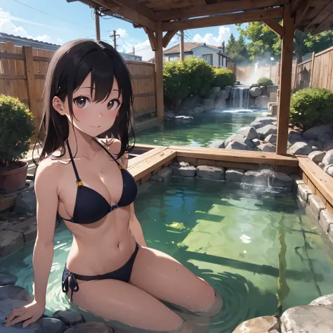 Realistic background blur that looks like it was taken with a high-performance camera.、Please provide high quality illustrations...。A beautiful girl soaking in a hot spring with a relaxed expression.、The steam rising from the bathtub is beautifully depicte...