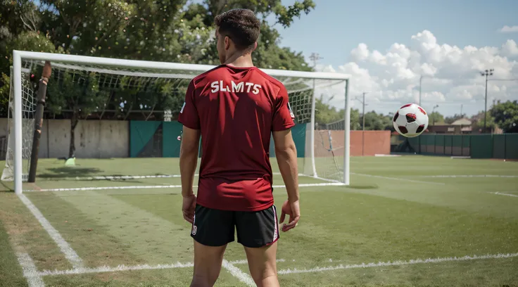 Um jogador de futebol, standing and back with red team shirt, com o numero da camisa 5 nas costas, shorts branco, holding a soccer ball in his hand