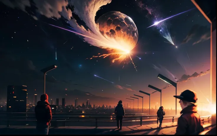 People stand and look at the meteorite in surprise, falling brightly in the sky above the city, Super Epic Image, HD