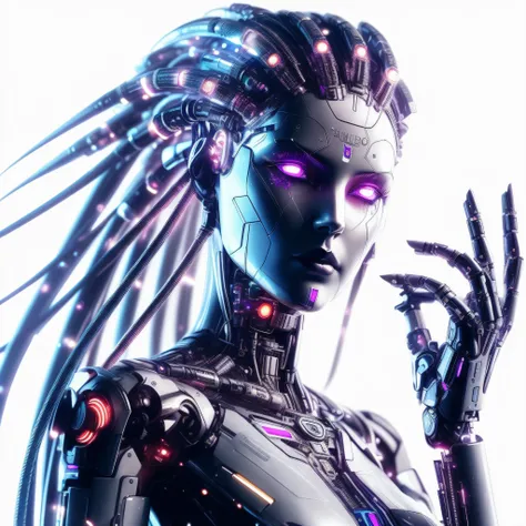 a close up of a woman with a futuristic head and hands, cyberpunk robotic elvish queen, sci-fi android female, cyborg - girl, cyborg girl, cyborg - girl with silver hair, perfect cyborg female, cyborg woman, beautiful female android!, biblical female andro...