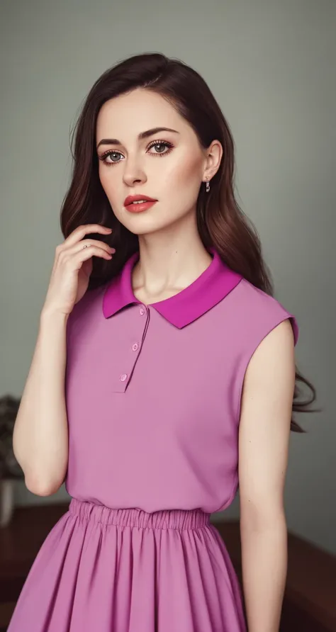 tiktok photo of 37 years old woman, closeup, RAW, masterpiece, realistic, hyper realistic, muted color, film grain, 
looking at viewer, polos pastel perfection looking 80s casual soft collars, fascinating, 
wearing Magenta dress flower,