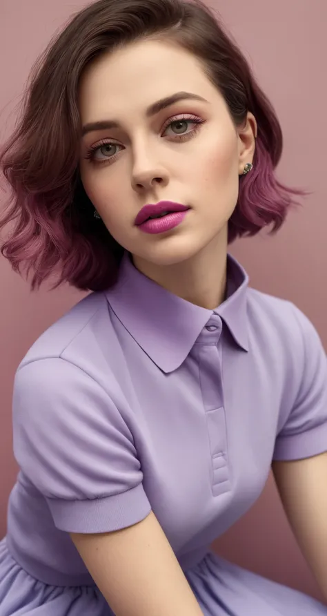 tiktok photo of 37 years old woman, closeup, RAW, masterpiece, realistic, hyper realistic, muted color, film grain, 
looking at viewer, polos pastel perfection looking 80s casual soft collars, fascinating, 
wearing Magenta dress flower,