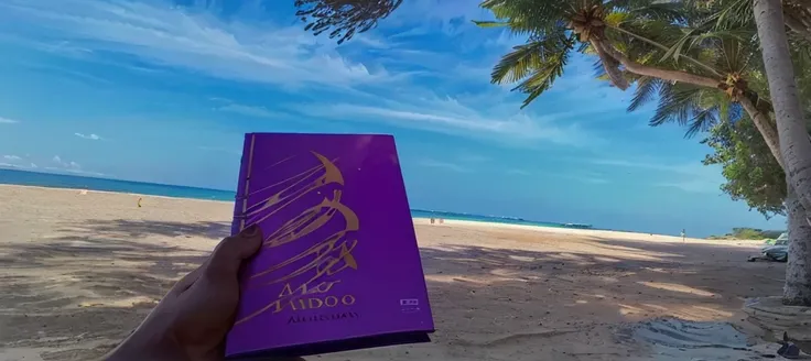 someone holding a purple book on a beach with palm trees, in a beachfront environment, Directed by: Caro Niederer, at purple sunset, book in hand, areia roxa, Lendo novo livro, um livro, em uma praia tropical, purple water, Directed by: Alice Mason, descri...