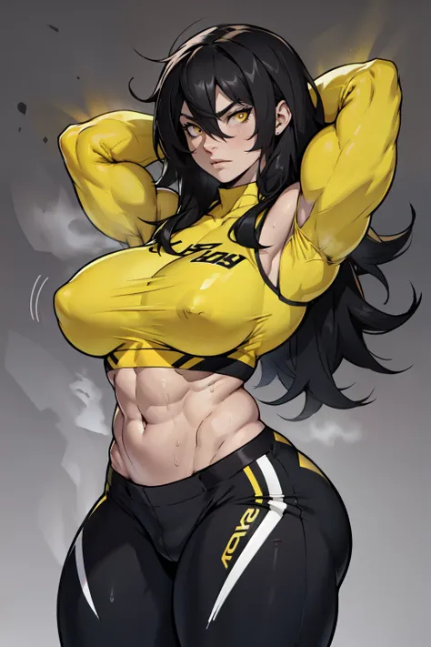 girl (1girl muscular grey background pale skin bodybuilder) toned body huge breasts thin waist black hair yellow eyes straight hair sweaty hair between eyes skintight