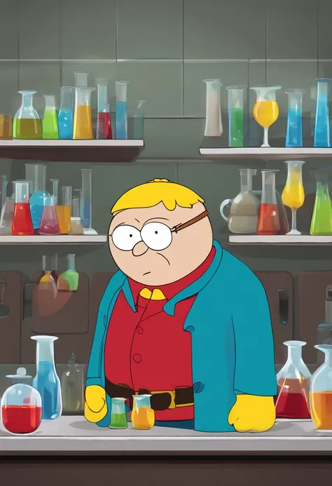 A picture of Cartman in a lab coat, mixing colorful liquids in beakers with a mischievous grin,South Park,Eric Cartman, a character from the animated TV series “South Park,” is easily recognizable with his round, chubby figure, often clad in a red jacket, ...