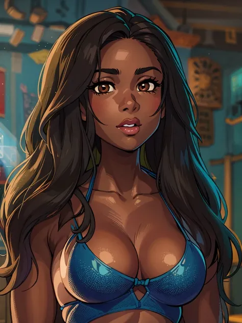 (best quality, masterpiece, illustration:1.1), [[[1girl]]], black teenage girl, big boobs, round brown eyes, long hair, [[[blue micro bikini]]] beautiful, highly detailed, 4k, perfect proportions, perfect body, rich quality, hd, ultrahd, perfect hands, per...